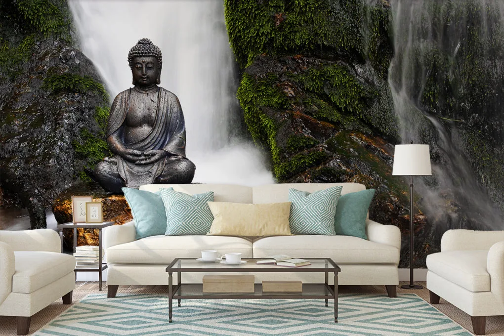 Fototapete Wasserfall mit Buddha im Wohnzimmer