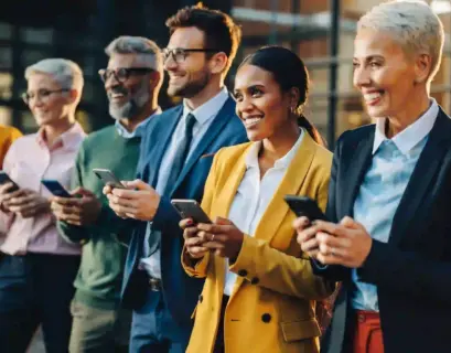 Mitarbeiter halten alle ein Handy in der Hand und sind motiviert