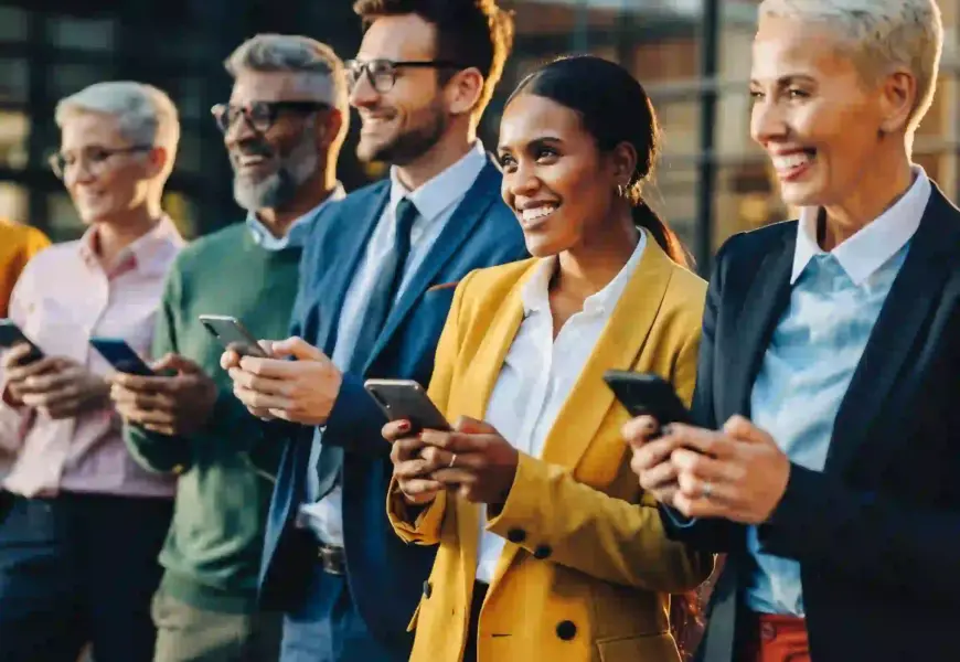 Mitarbeiter halten alle ein Handy in der Hand und sind motiviert