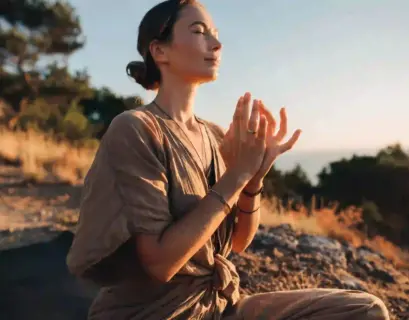 Frau ist dankbar und hält ihre Finger in einem Mudra