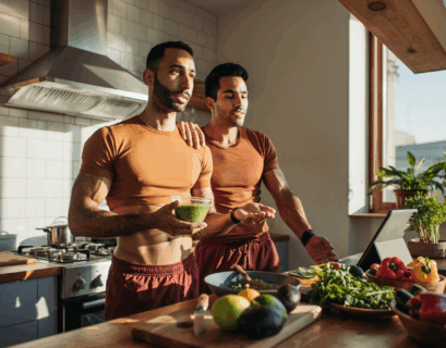 Zwei Sportler in der Küche vor Gemüse