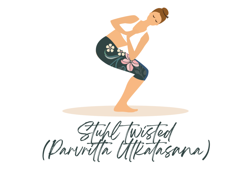 yoga Übung Stuhl twisted (Parvritta Utkatasana)