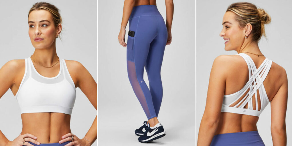 Frau trägt einen weißen Yoga BH und eine blaue Yoga Hose