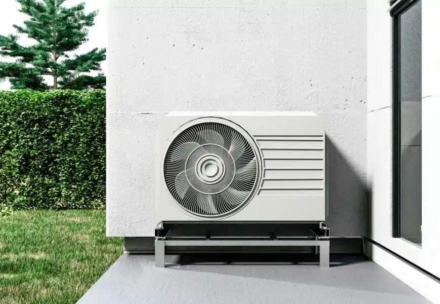 Wärmepumpe steht im Garten an einer weißen Hauswand