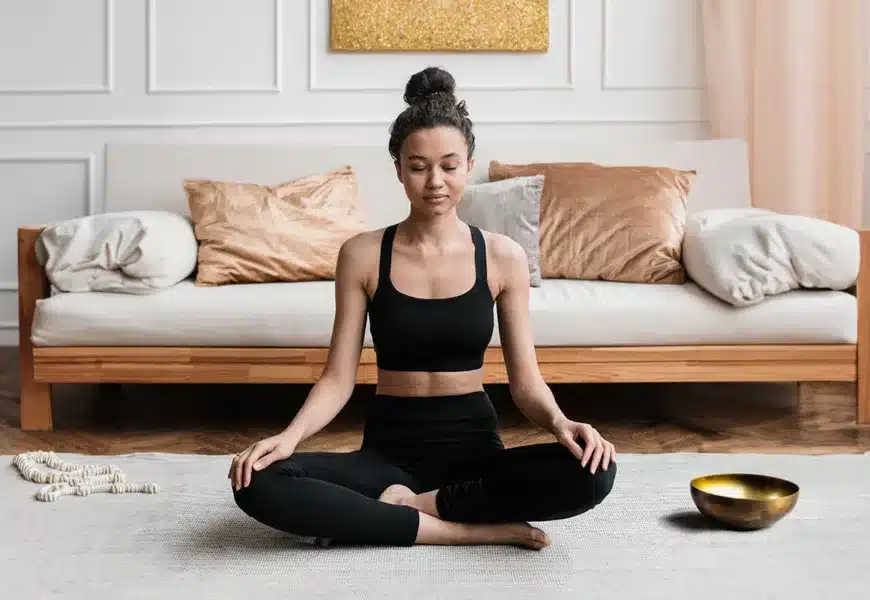 Frau sitzt im Meditationssitz auf dem Teppich vor einer Couch und macht eine Vipassana-Meditation