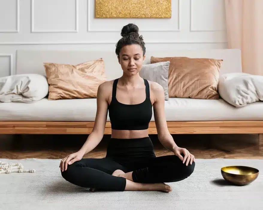 Frau sitzt im Meditationssitz auf dem Teppich vor einer Couch und macht eine Vipassana-Meditation
