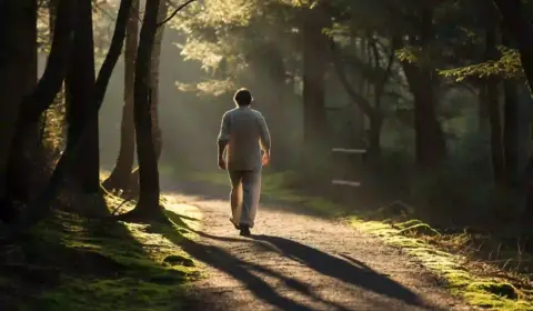 Mann wandert durch den Wald