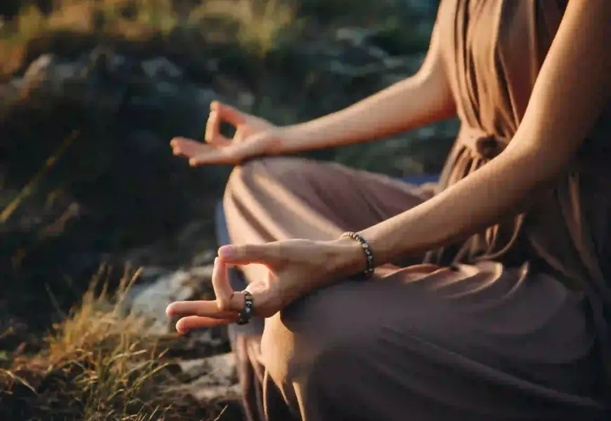 Frau meditiert im Meditationssitz und hält ein Finger Mudra