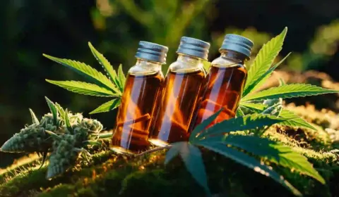 CBD Öl Fläschen in der Natur