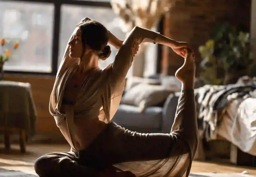 Frau macht yoga im homeoffice