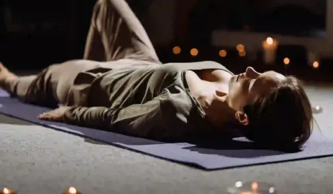 Frau liegt auf dem Boden und macht progressive Muskelentspannung nach Jacobsen