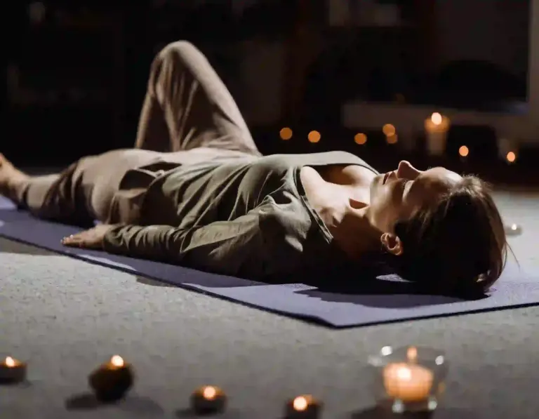 Frau liegt auf dem Boden und macht progressive Muskelentspannung nach Jacobsen