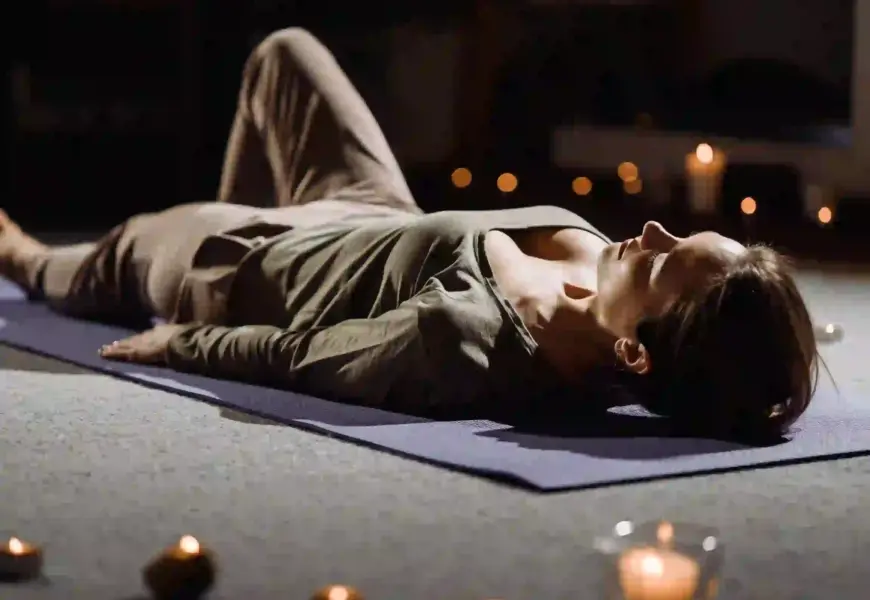 Frau liegt auf dem Boden und macht progressive Muskelentspannung nach Jacobsen