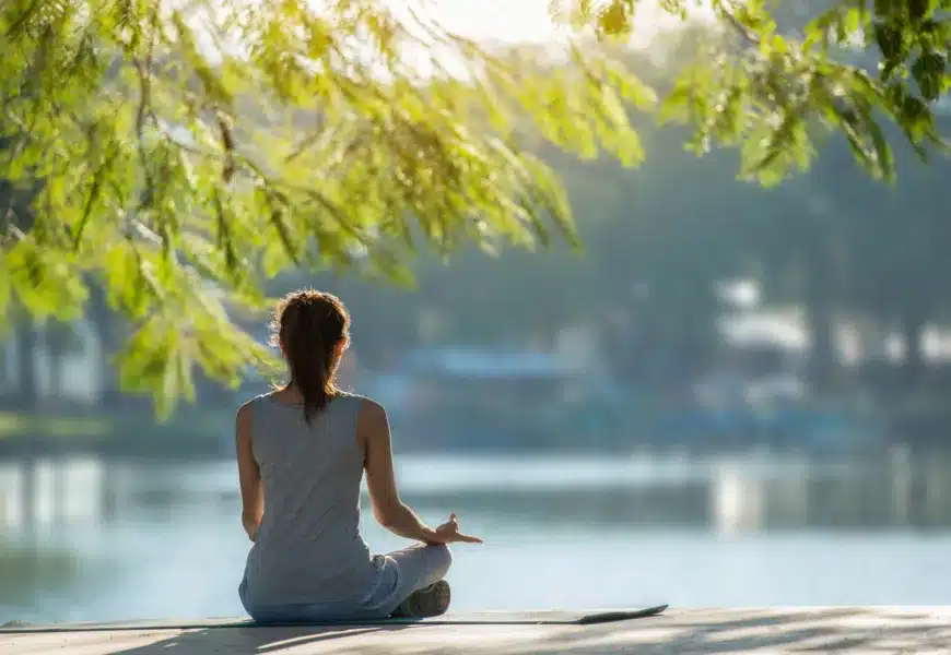 Frau sitzt am See und praktiziert Yoga und Meditation