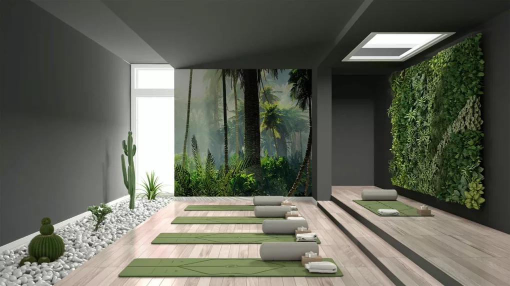 Fototapete mit Wald im Yoga Studio