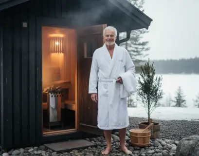 Älterer Herr trägt weißen Bademantel vor einer Sauna