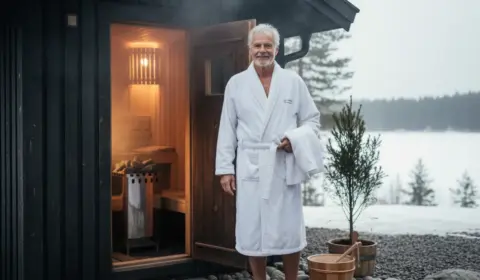 Älterer Herr trägt weißen Bademantel vor einer Sauna