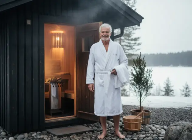 Älterer Herr trägt weißen Bademantel vor einer Sauna