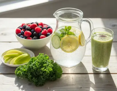 Zitronenwasser, Beeren, grüner Smoothie zum detoxen