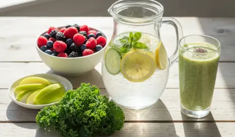 Zitronenwasser, Beeren, grüner Smoothie zum detoxen