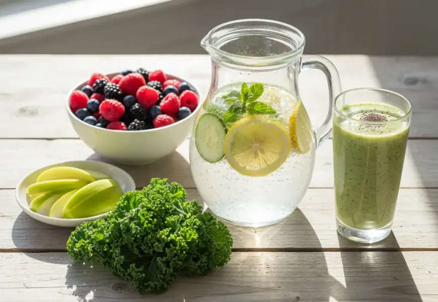 Zitronenwasser, Beeren, grüner Smoothie zum detoxen