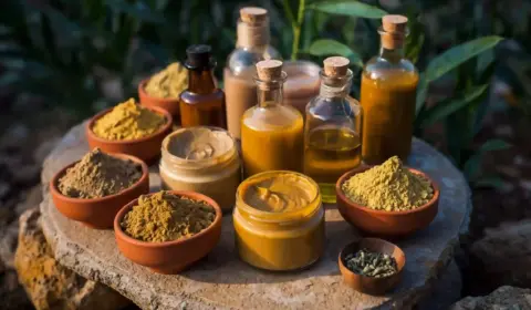 Ayurvedische Kosmetik mit vielen Fläschen