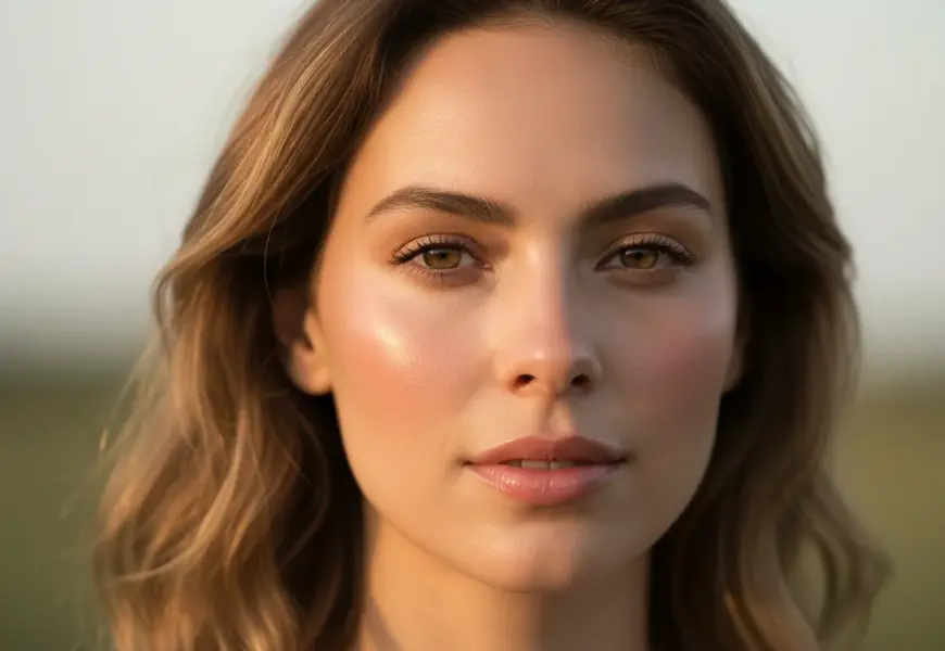 Frau mit schöner Haut schaut in die Kamera