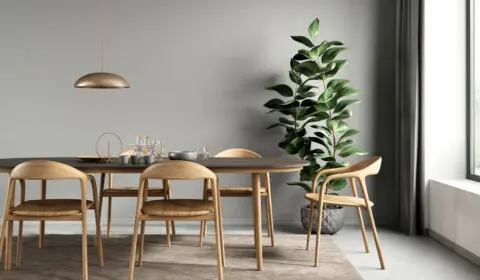 Esszimmer mit braunem Tisch und Pflanze im Fenghshui Design