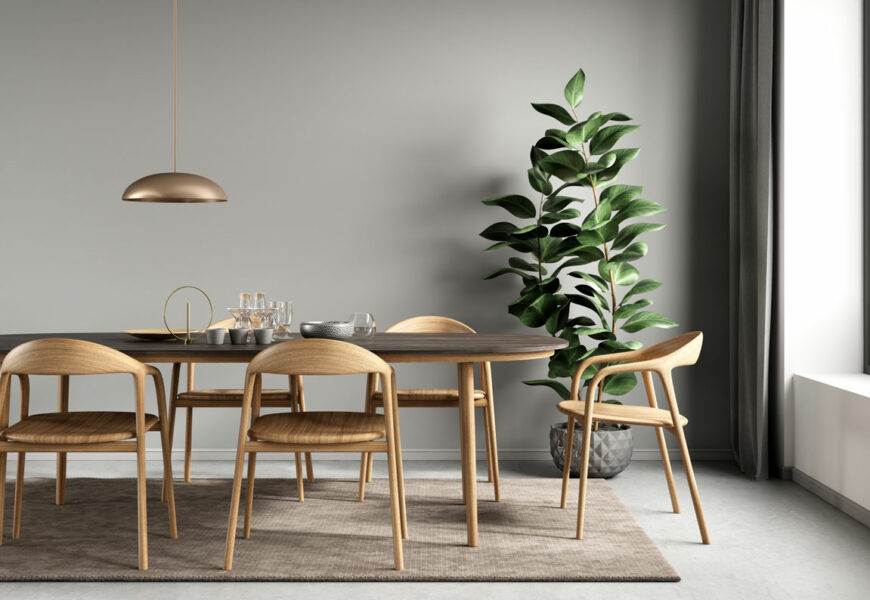 Esszimmer mit braunem Tisch und Pflanze im Fenghshui Design