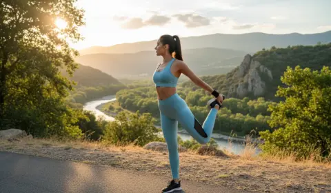 Frau dehnt sich mit Sportklamotten, draußen
