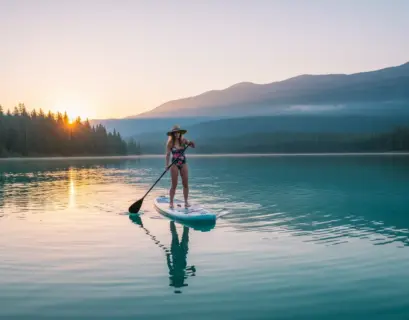 Frau steht auf ihrem Stand Up Paddle auf einem See
