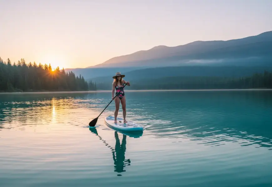 Frau steht auf ihrem Stand Up Paddle auf einem See
