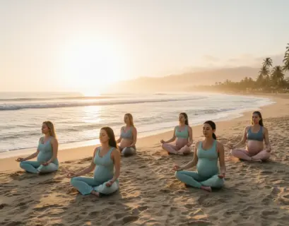 schwangere Frauen machen Yoga am Strand