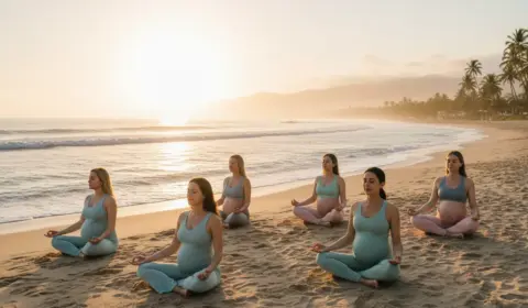 schwangere Frauen machen Yoga am Strand
