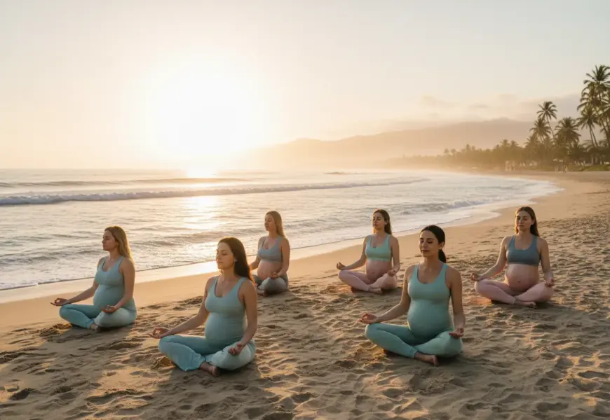 schwangere Frauen machen Yoga am Strand