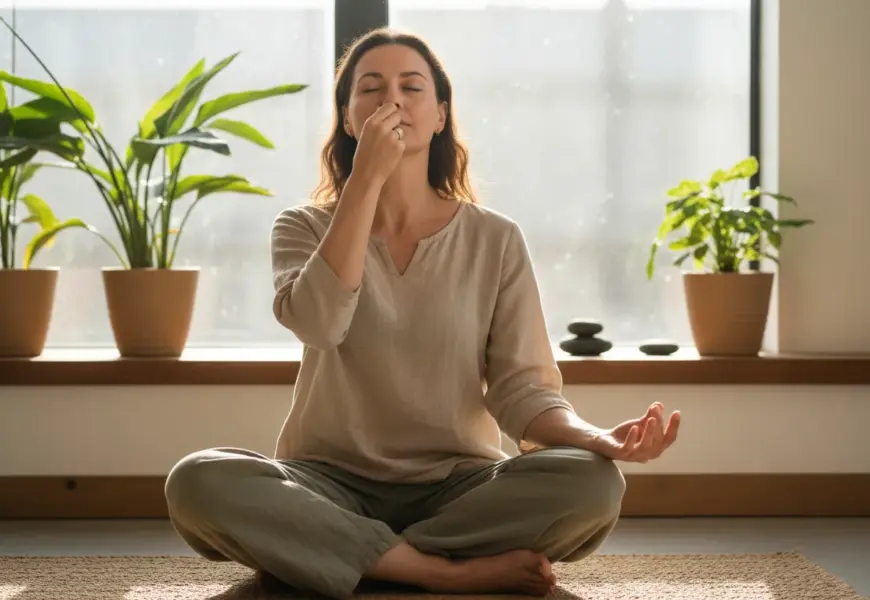 Frau hält sich ihr linkes Nasenloch zu, die Augen sind geschlossen, sie macht Pranayama