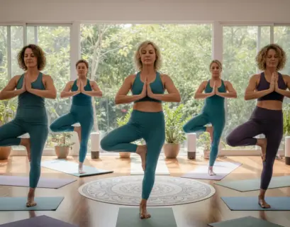 Fünf Frauen machen gemeinsam Yoga während ihrer Midlife Crisis