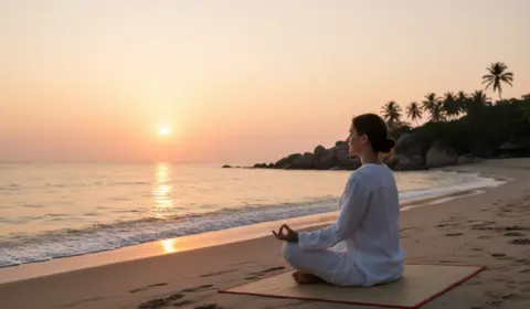 Frau meditiert alleine am Strand