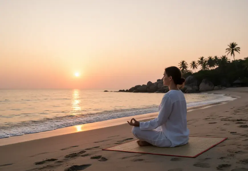 Frau meditiert alleine am Strand