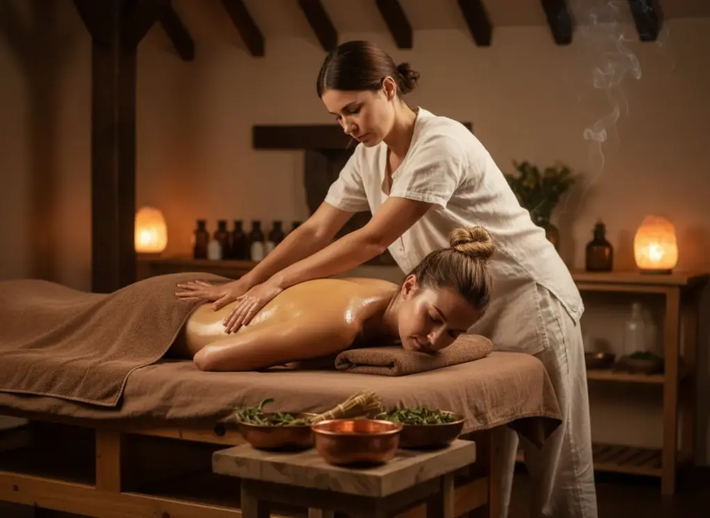 Frau bekommt eine ayurvedische Massage von einer Ayurveda Masseurin