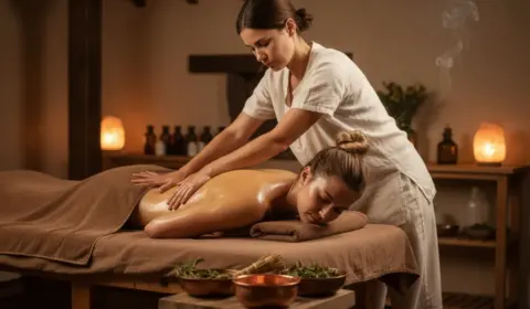 Frau bekommt eine ayurvedische Massage von einer Ayurveda Masseurin