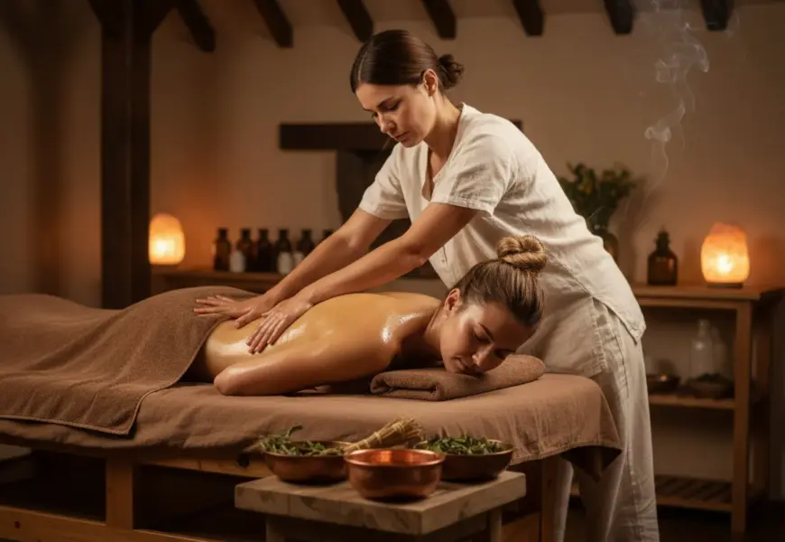 Frau bekommt eine ayurvedische Massage von einer Ayurveda Masseurin