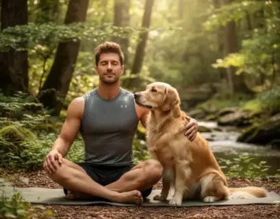 sportlicher Mann mit seinem Hund, achtsam