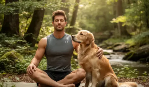 sportlicher Mann mit seinem Hund, achtsam