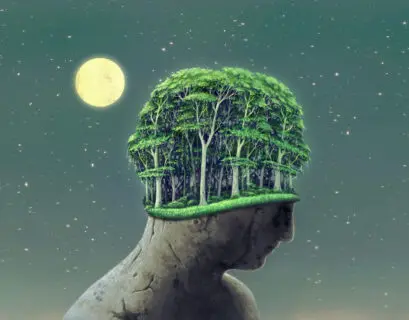 Illustration mit einem Mann, der Bäume als Haare auf dem Kopf hat