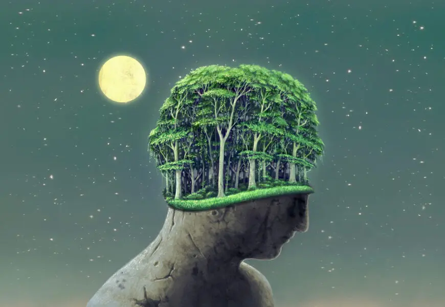 Illustration mit einem Mann, der Bäume als Haare auf dem Kopf hat