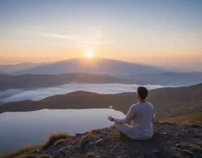 Mann sitzt auf einem Berg mit tollem Sonnenaufgangspanorama und meditiert