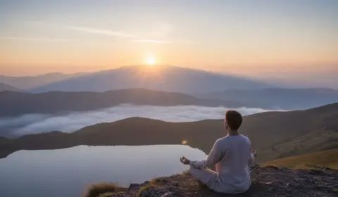 Mann sitzt auf einem Berg mit tollem Sonnenaufgangspanorama und meditiert