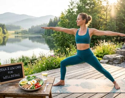 Frau bei einer Yoga-Übung im Freien neben einem gesunden Low-Carb-Gericht zur Gewichtsreduktion während einer Gesundheitskur.