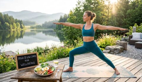 Frau bei einer Yoga-Übung im Freien neben einem gesunden Low-Carb-Gericht zur Gewichtsreduktion während einer Gesundheitskur.